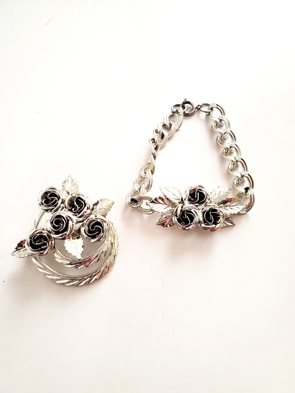 Coro Silver-Tone Rose Cluster Brooch and Bracelet Set